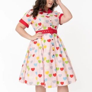 Unique vintage pink heart button up swing dress